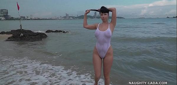 White one-piece transparent when wet swimsuit